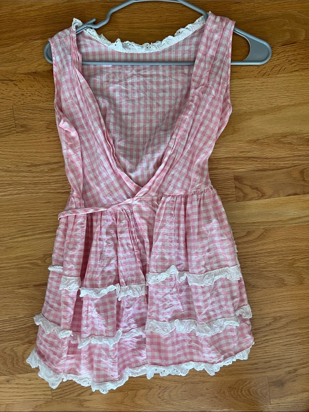 Vintage Girls Pink Gingham Tiered Lace Dress size 7/8